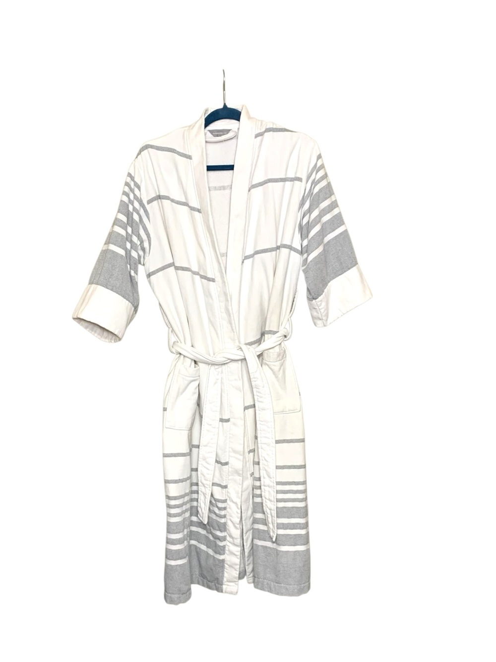 Gluckstein Bathrobe Striped White Gray Terrycloth Cotton with Belt Pockets S/M